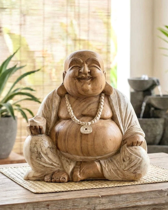 Statue de Bouddha rieur sculptée à la main – 40 cm – Blanchi à la chaux - Karmic Artisan