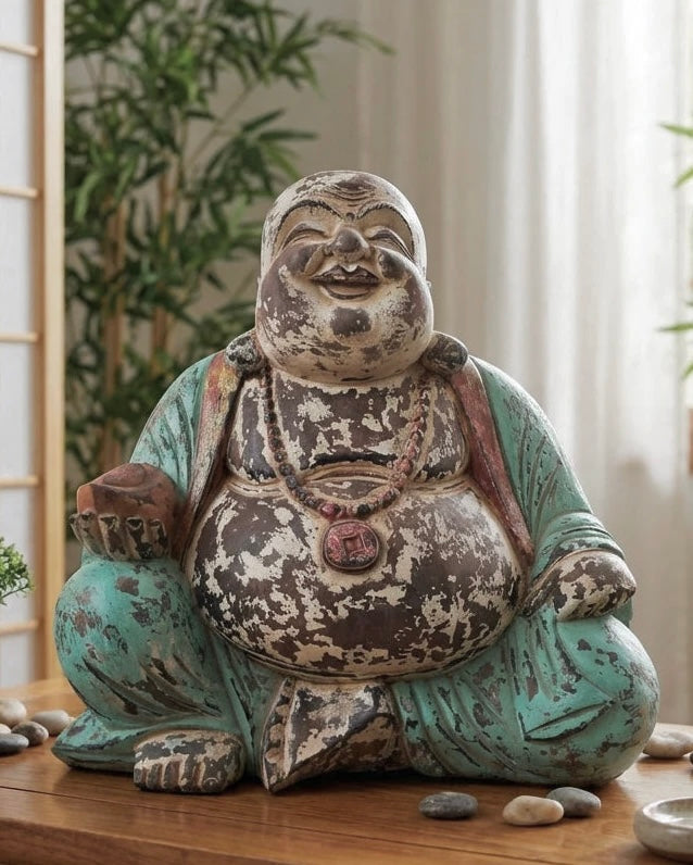 Statue de Bouddha Rieur vintage en Bois de Suar Massif – Sculpture Artisanale (40 cm, 5 kg)