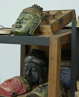 Tête de Bouddha décorative en bois d'Albasia – 25 cm – Finition bleu brillant