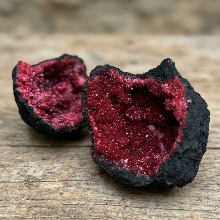 Géode de calcite colorée — Roche noire & rouge profond — 8,5 cm - 200g