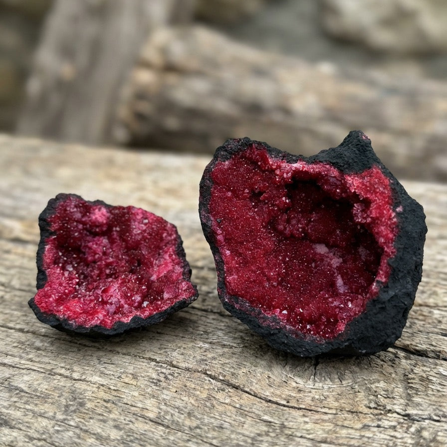 Géode de calcite colorée — Roche noire & rouge profond — 8,5 cm - 200g