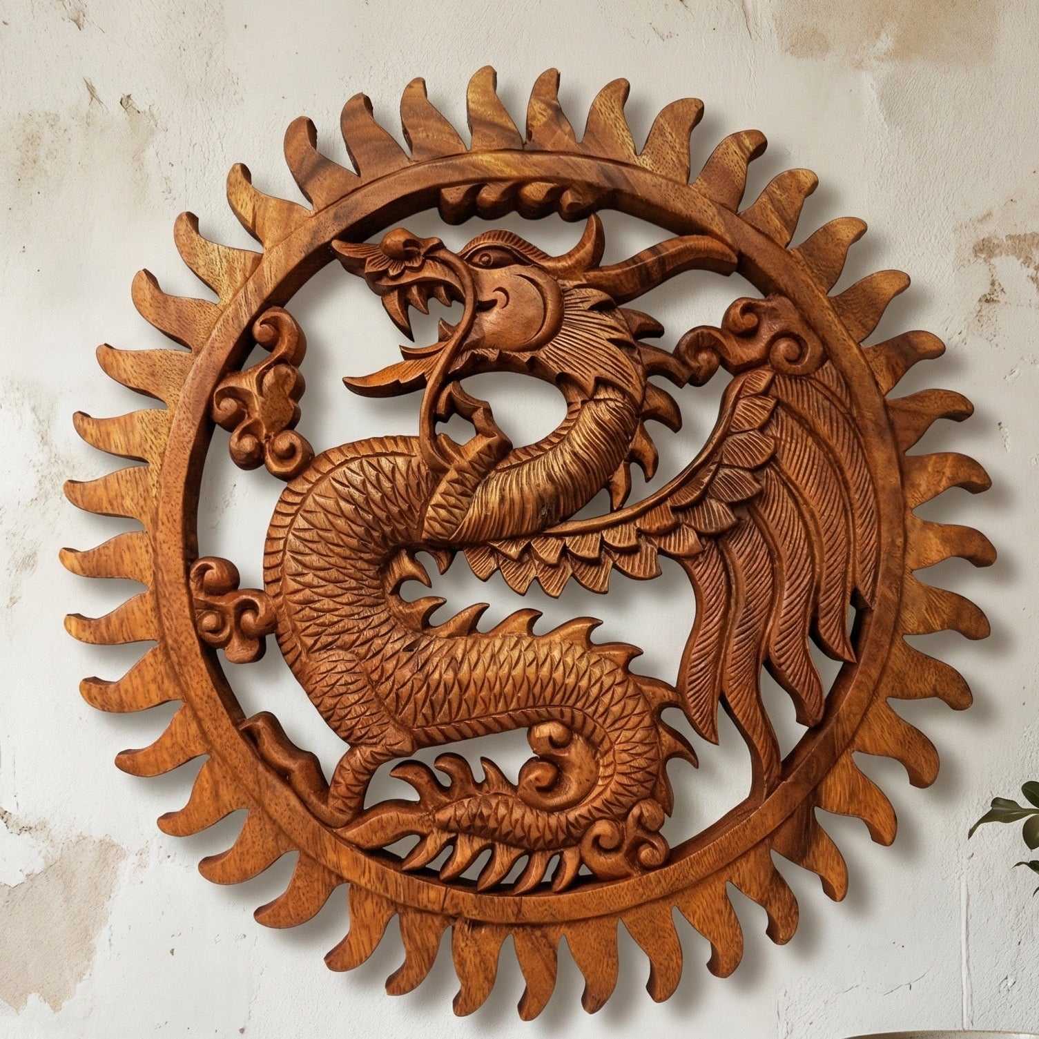Dragon carved in Suar wood – Handcrafted wall panel – 40 cm