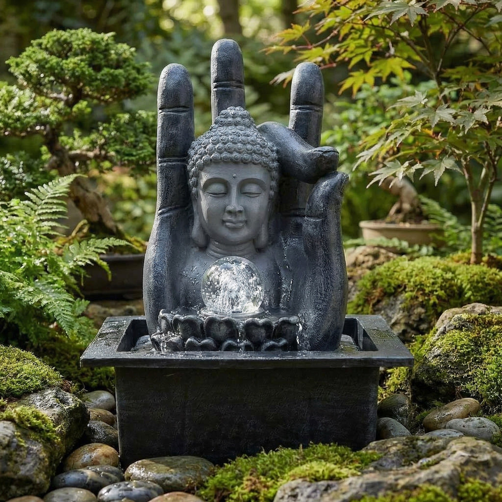 Fontaine à eau de table Bouddha avec boule de cristal lumineuse – main sculptée – 20 × 25 × 35 cm