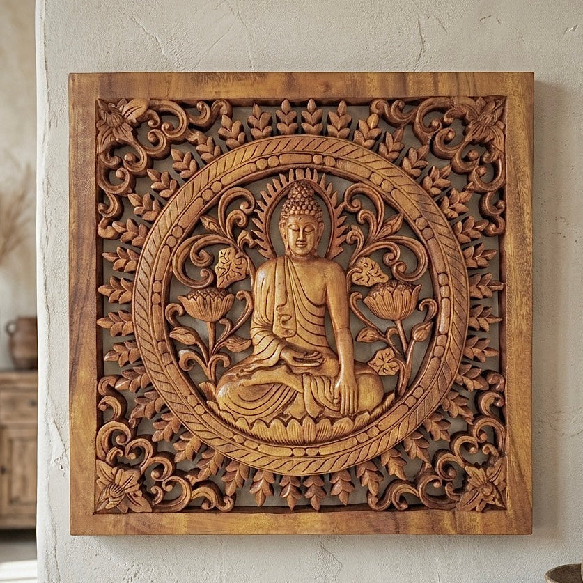 Carved Buddha Wall Panel in Suar Wood – 40 × 40 cm