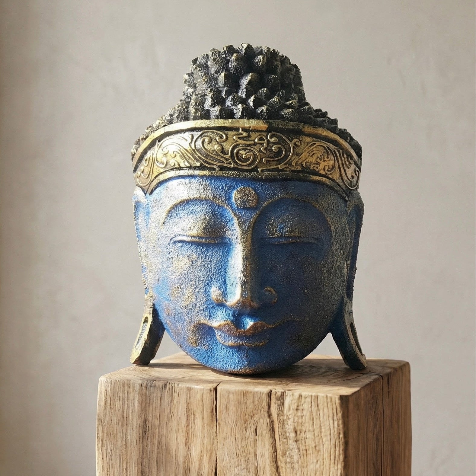 Dekorativer Buddha-Kopf aus Albasia-Holz – 25 cm – Glänzende blaue Lackierung