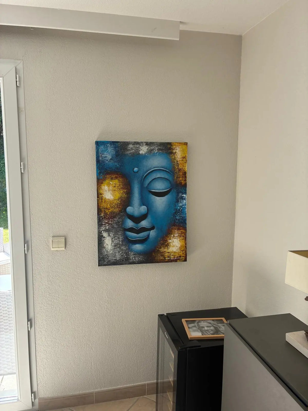 Peinture de Bouddha – Visage bleu abstrait sur toile (80 × 60 cm) AWGifts Dropship