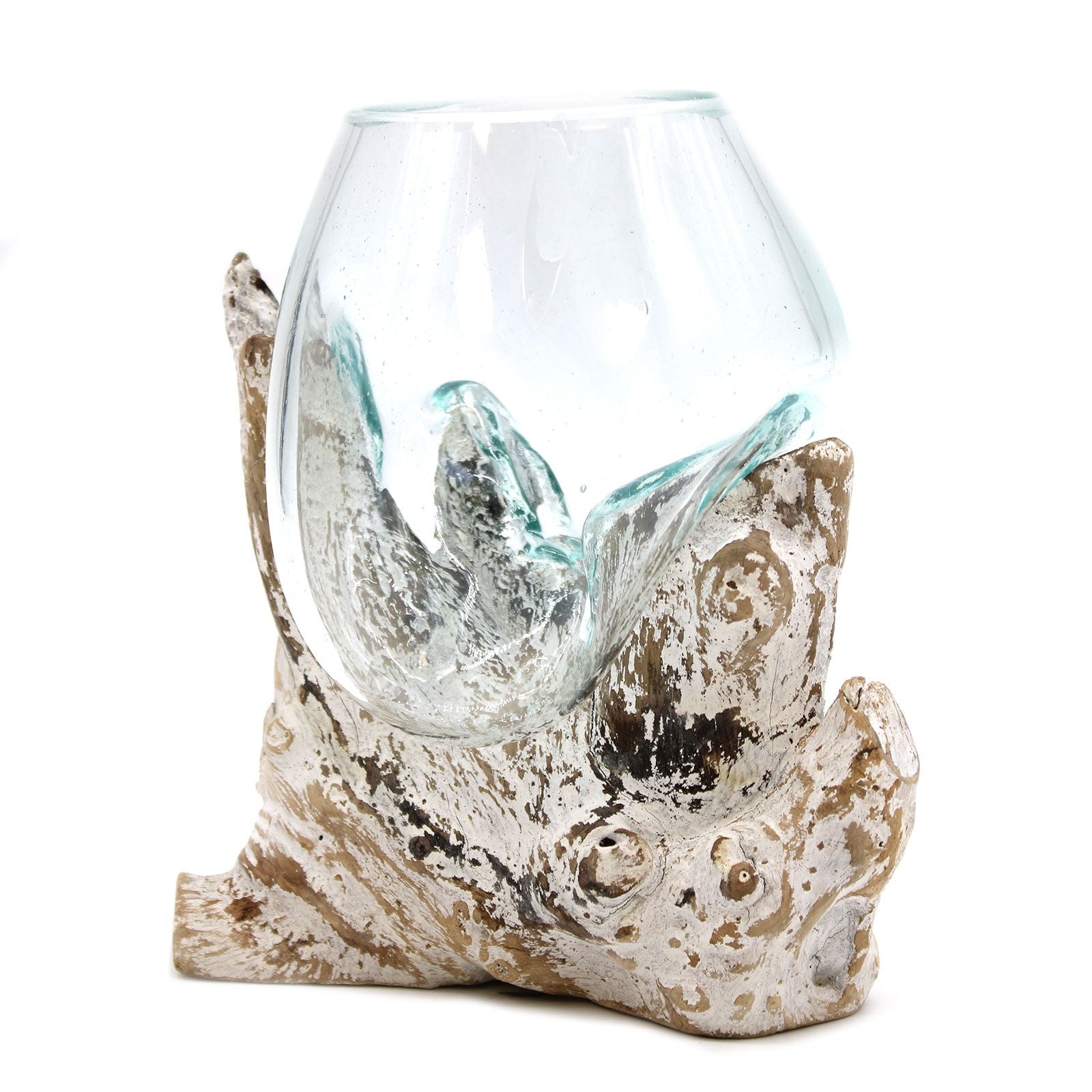 Bol en Verre Soufflé sur Bois Blanchi – Verre Recyclé et Bois de Gamal – 16 cm