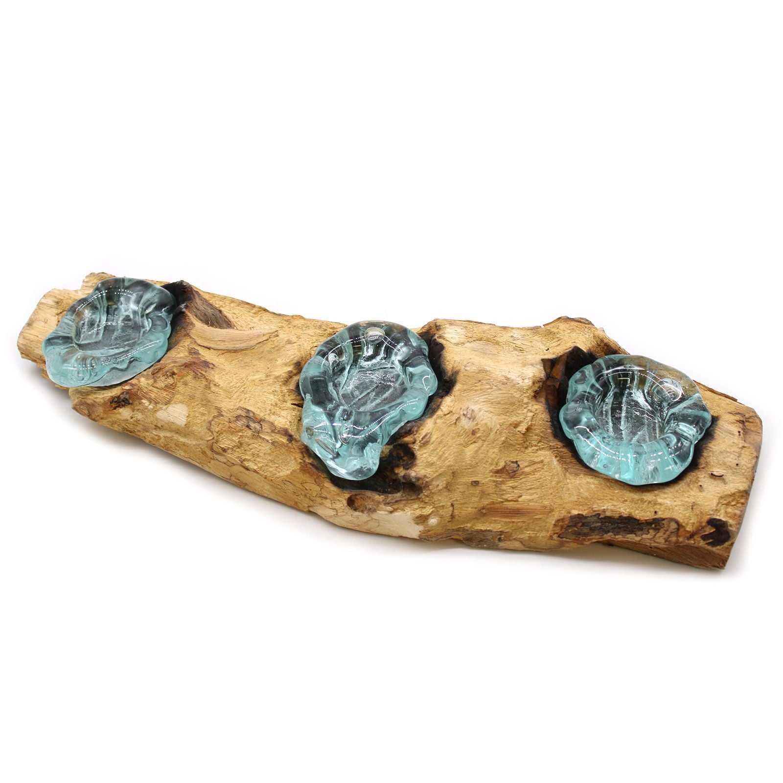 Bougeoir Triple en Verre en Fusion sur Racine de Gamal - Pièce Artisanale Balinaise