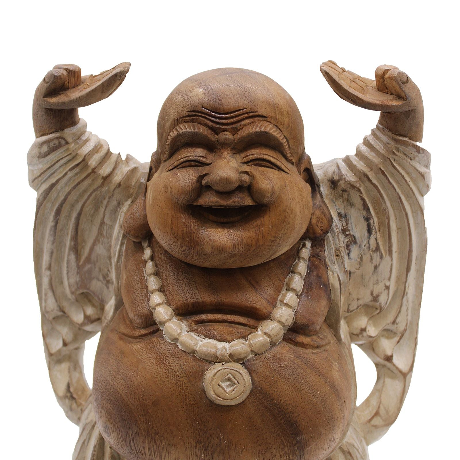 Statue de Bouddha sculptée à la main - 40 cm - Bouddha Mains Levées - Blanc vieilli