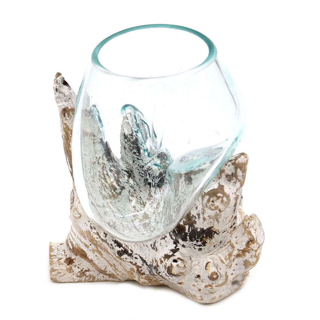 Bol en Verre Soufflé sur Bois Blanchi – Verre Recyclé et Bois de Gamal – 16 cm