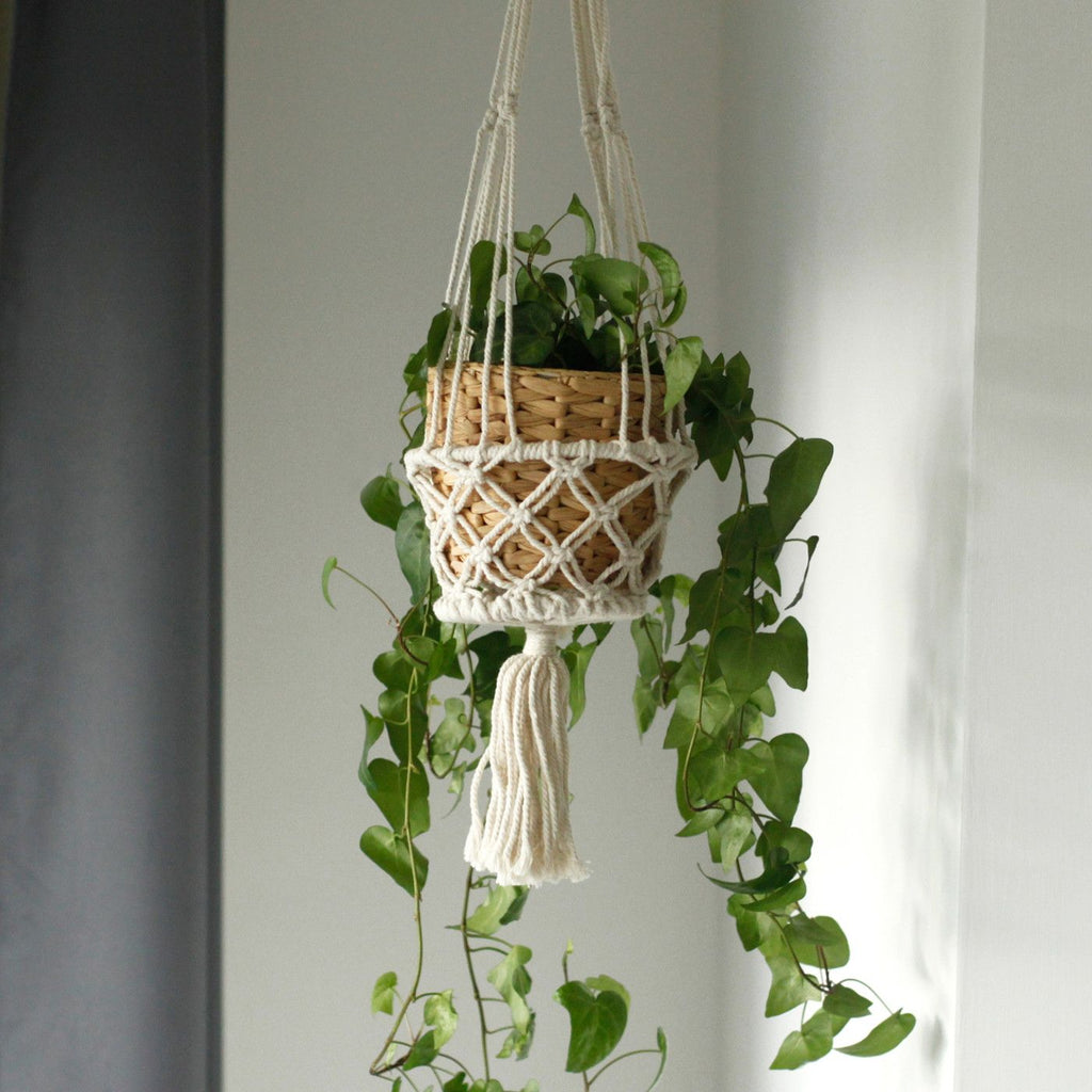 Suspension double pour plantes en macramé – Coton naturel 100 cm