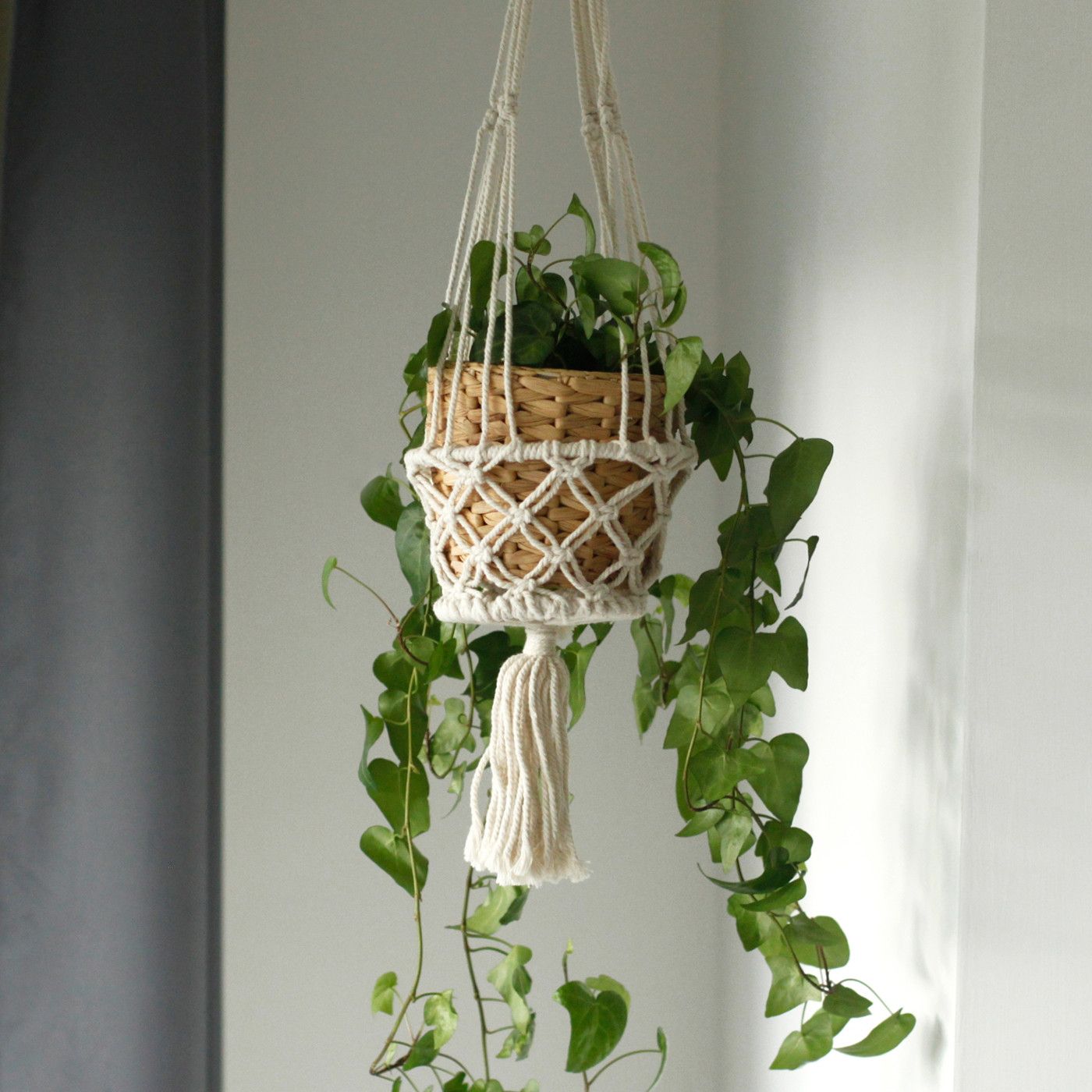 Suspension double pour plantes en macramé – Coton naturel 100 cm