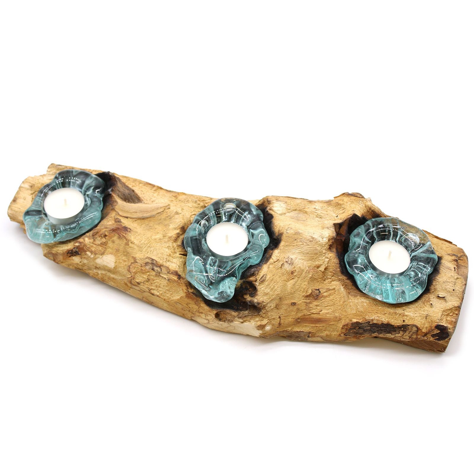 Bougeoir Triple en Verre en Fusion sur Racine de Gamal - Pièce Artisanale Balinaise