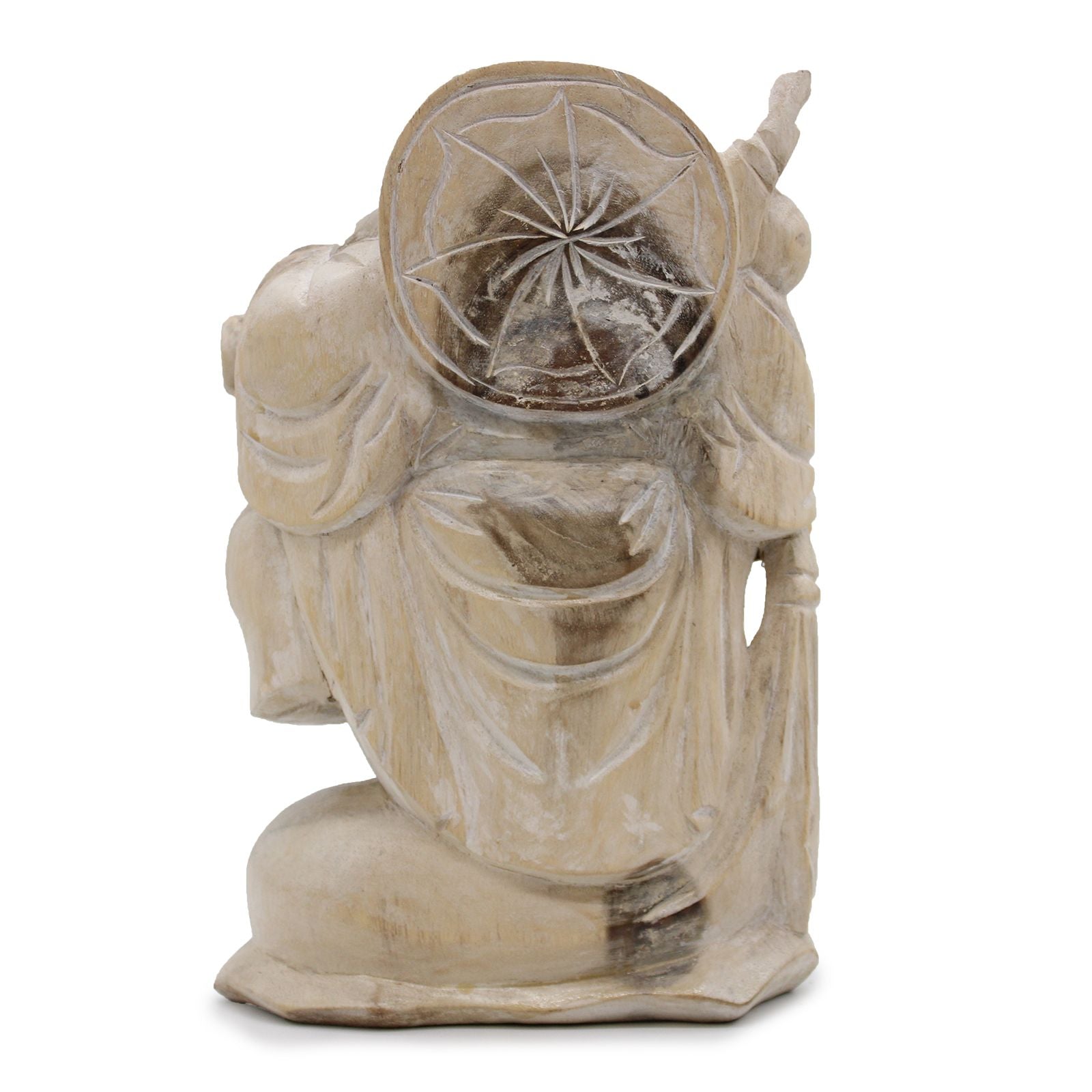 Statue de Bouddha Rieur en Bois de Suar sculptée main - 30 cm - Finition Blanchie