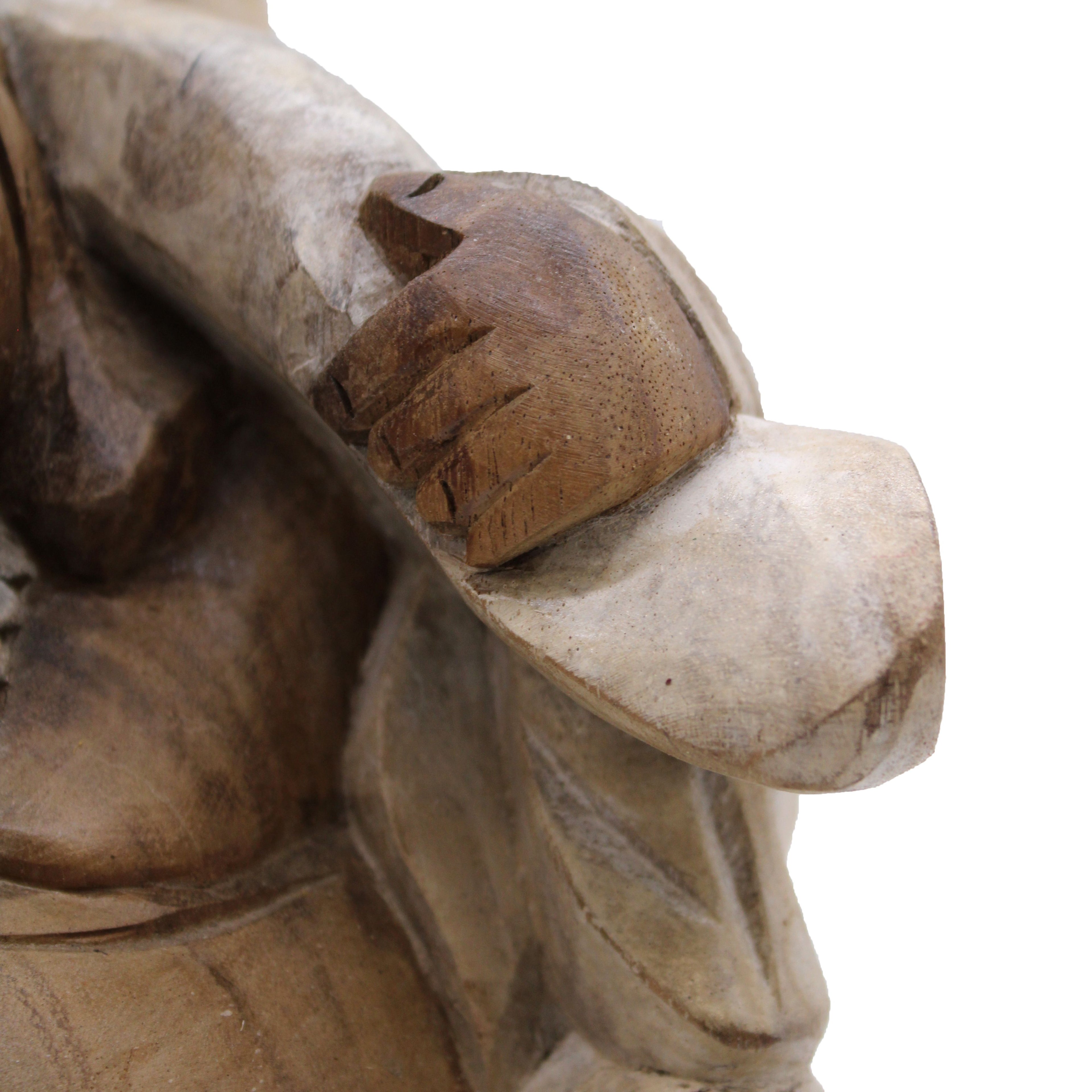 Statue de Bouddha Rieur en Bois de Suar sculptée main - 30 cm - Finition Blanchie