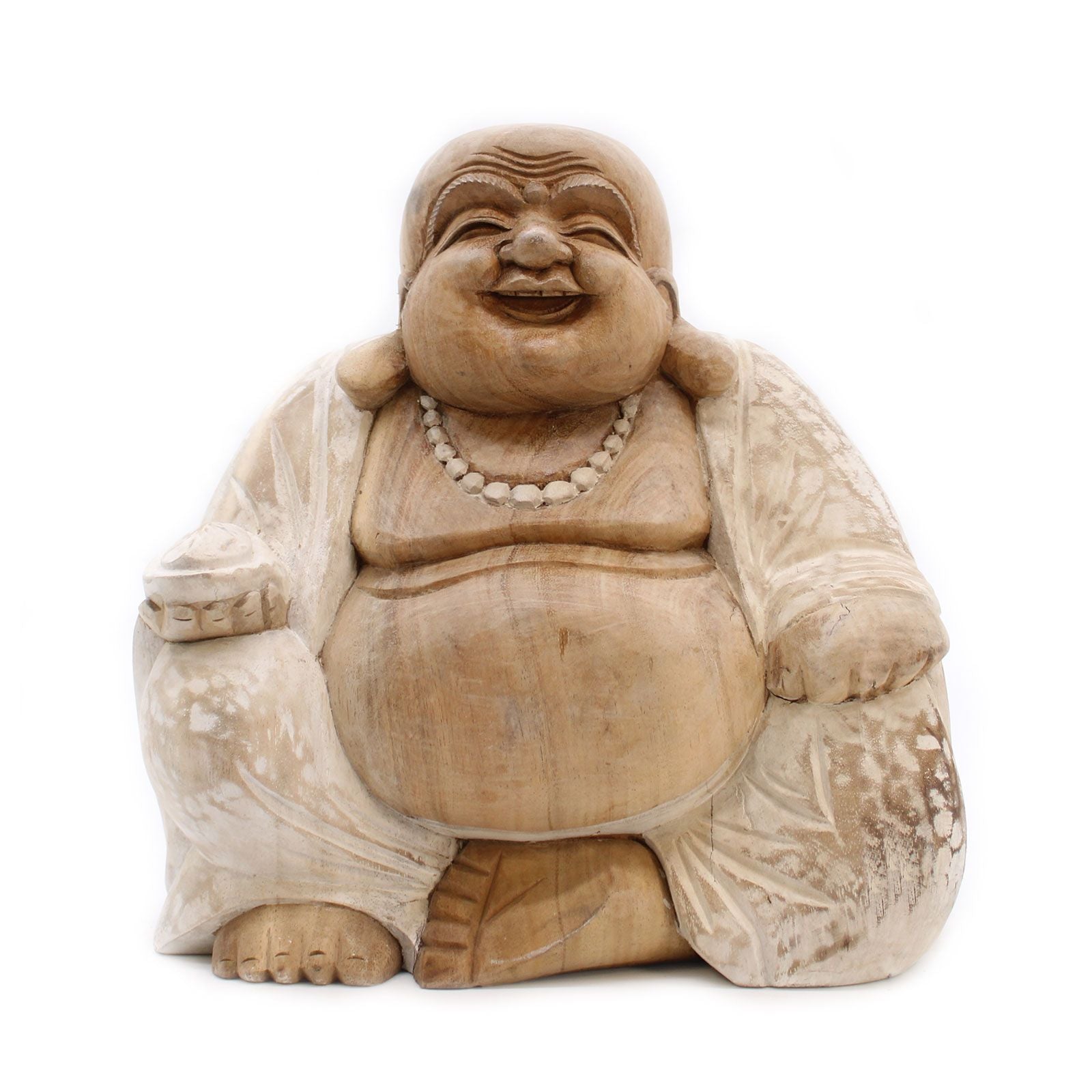 Statue de Bouddha sculptée à la main – 30 cm – Bouddha rieur, blanchi à la chaux