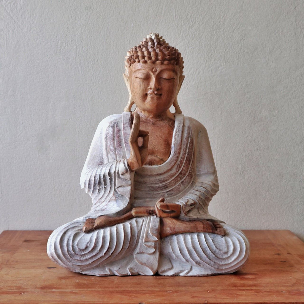Statue de Bouddha sculptée à la main – 40 cm – Bouddha Enseignant – Blanc vieilli