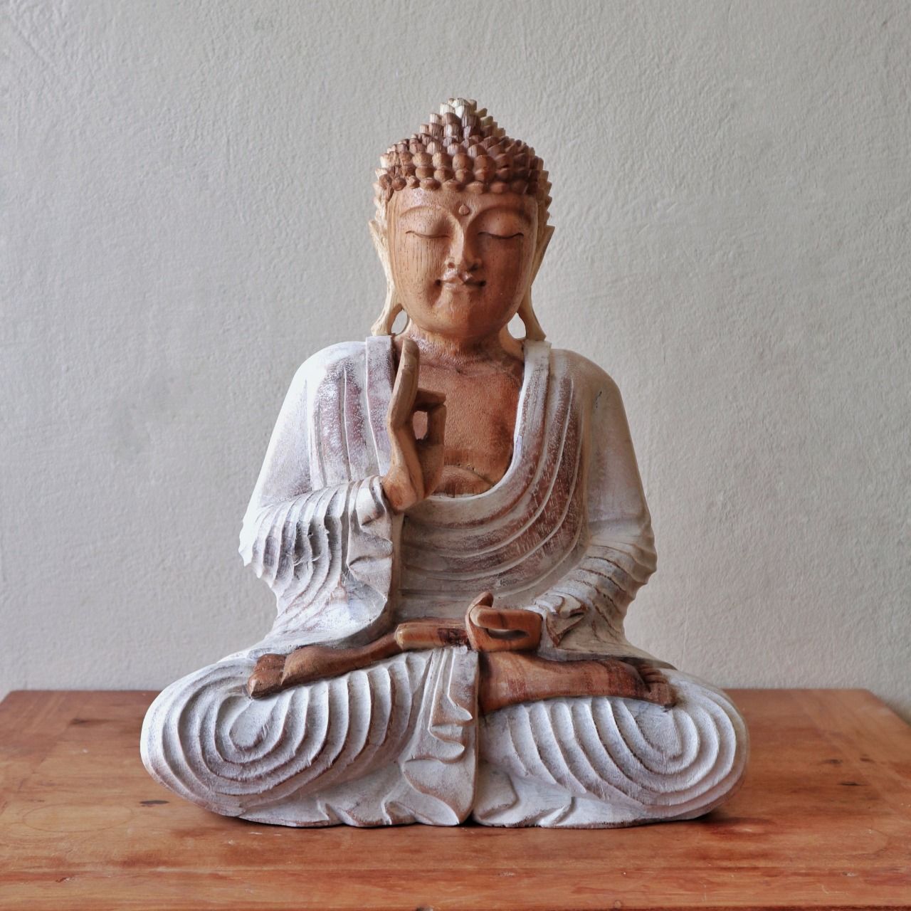 Statue de Bouddha sculptée à la main – 40 cm – Bouddha Enseignant – Blanc vieilli