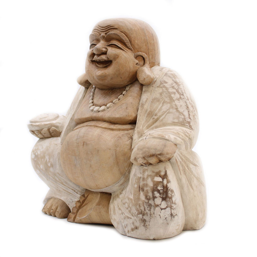 Handgeschnitzte Buddha-Statue – 30 cm – Lachender Buddha, weiß getüncht