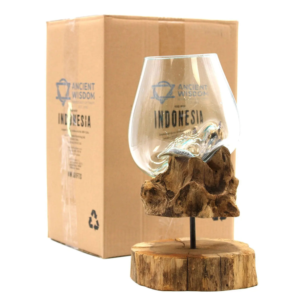 Verre en Fusion sur Bois de Gamal avec Support – Grand Bol - Pièce Unique Artisanale Bali