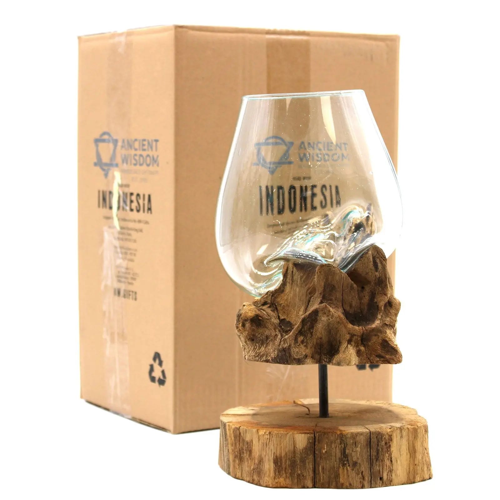 Verre en Fusion sur Bois de Gamal avec Support – Grand Bol - Pièce Unique Artisanale Bali