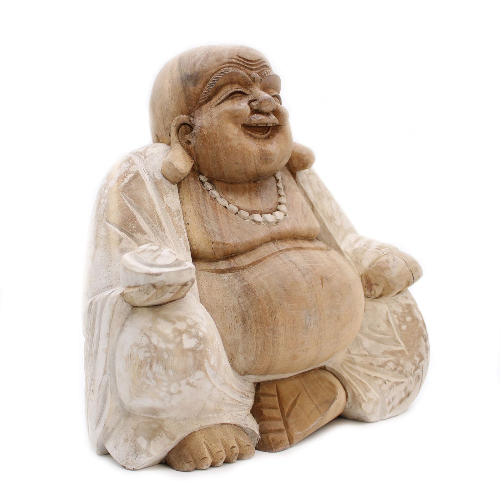 Statue de Bouddha sculptée à la main – 30 cm – Bouddha rieur, blanchi à la chaux