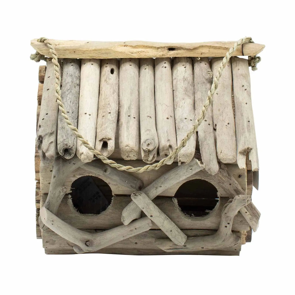 Nichoir double en bois flotté recyclé – Maison pour oiseaux de jardin artisanale 27 cm