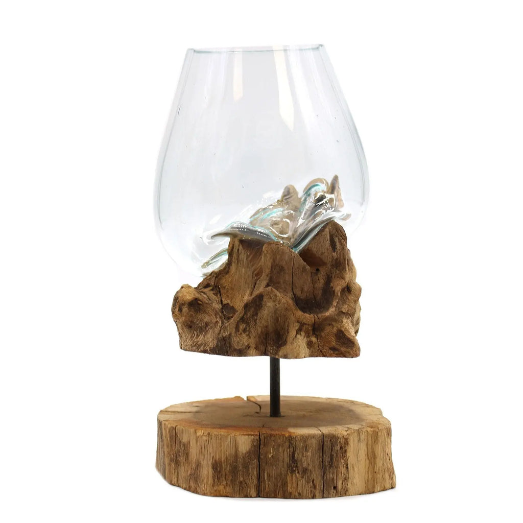 Verre en Fusion sur Bois de Gamal avec Support – Grand Bol - Pièce Unique Artisanale Bali