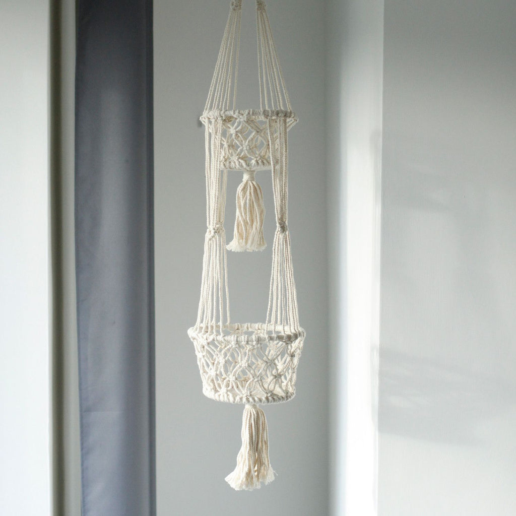 Suspension double pour plantes en macramé – Coton naturel 100 cm