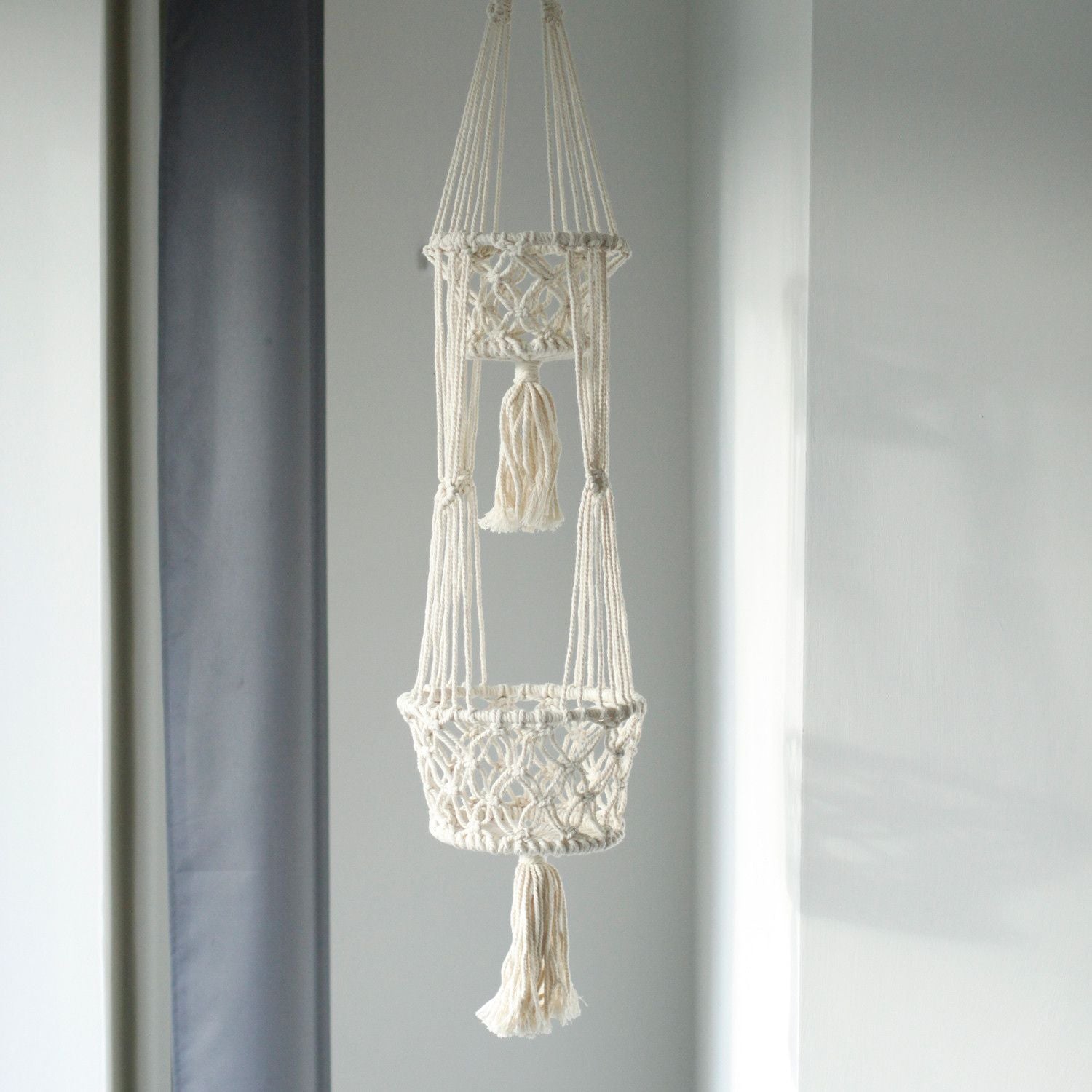 Suspension double pour plantes en macramé – Coton naturel 100 cm