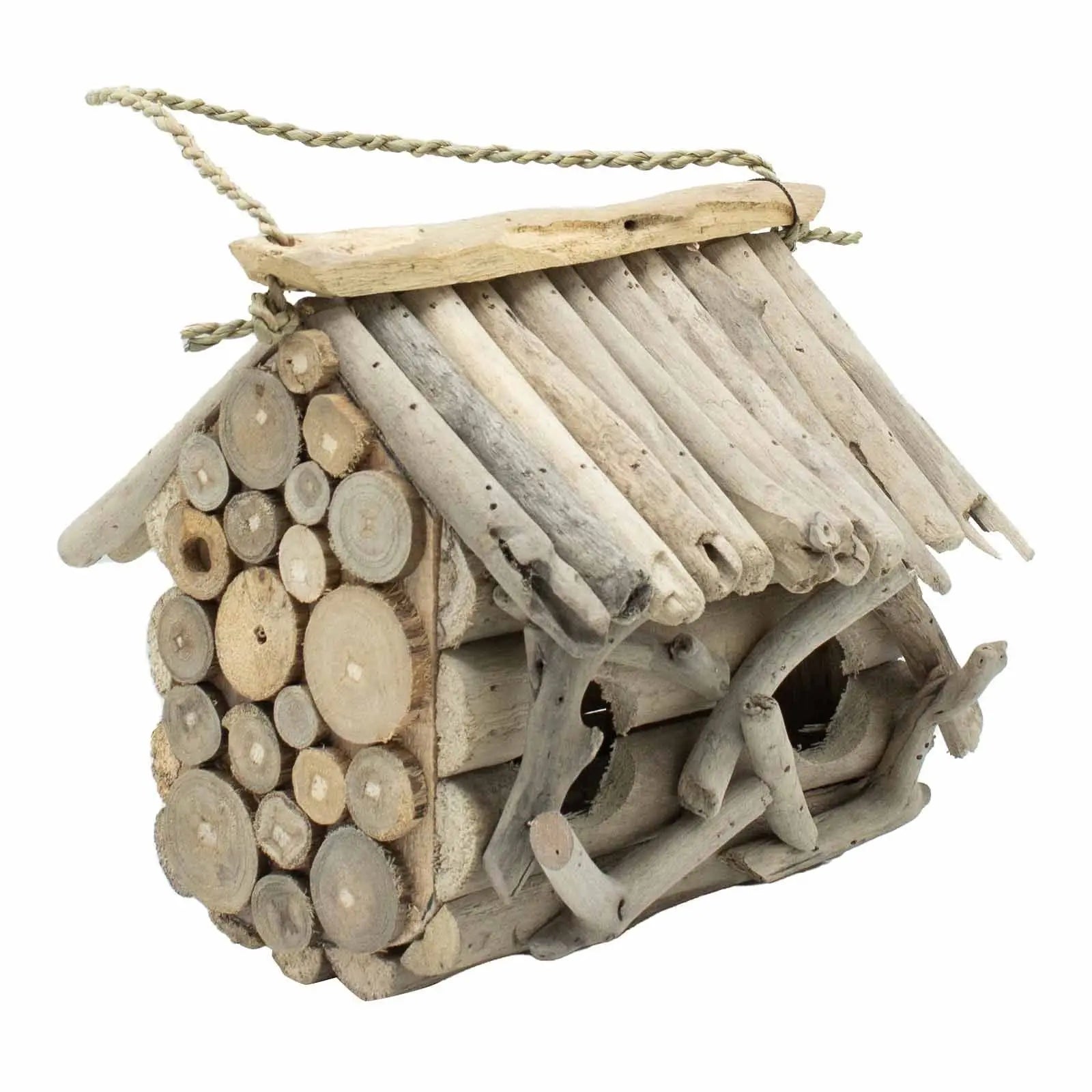 Nichoir double en bois flotté recyclé – Maison pour oiseaux de jardin artisanale 27 cm
