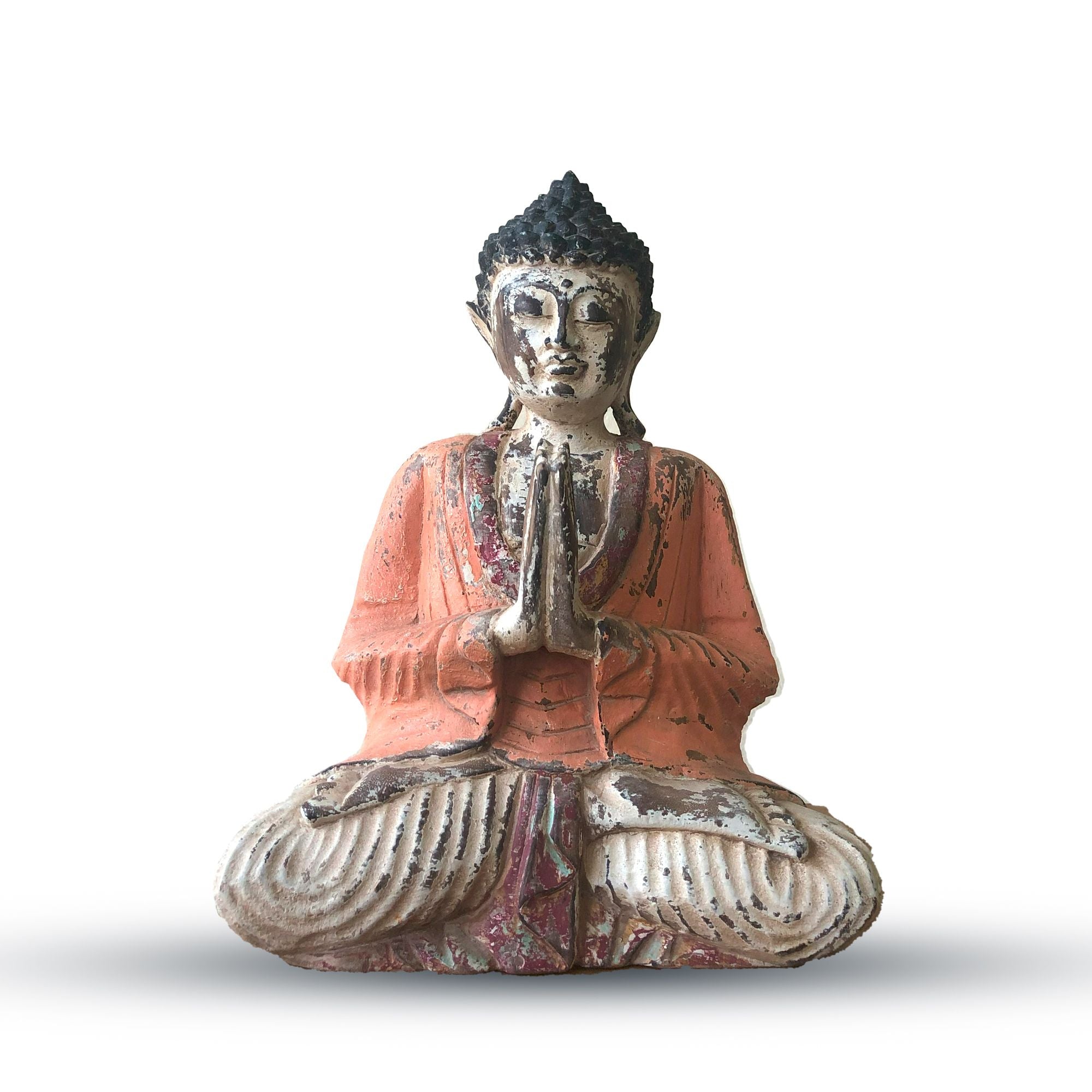 Statue de Bouddha sculptée à la main vintage orange – 30 cm – Bouddha Namasté