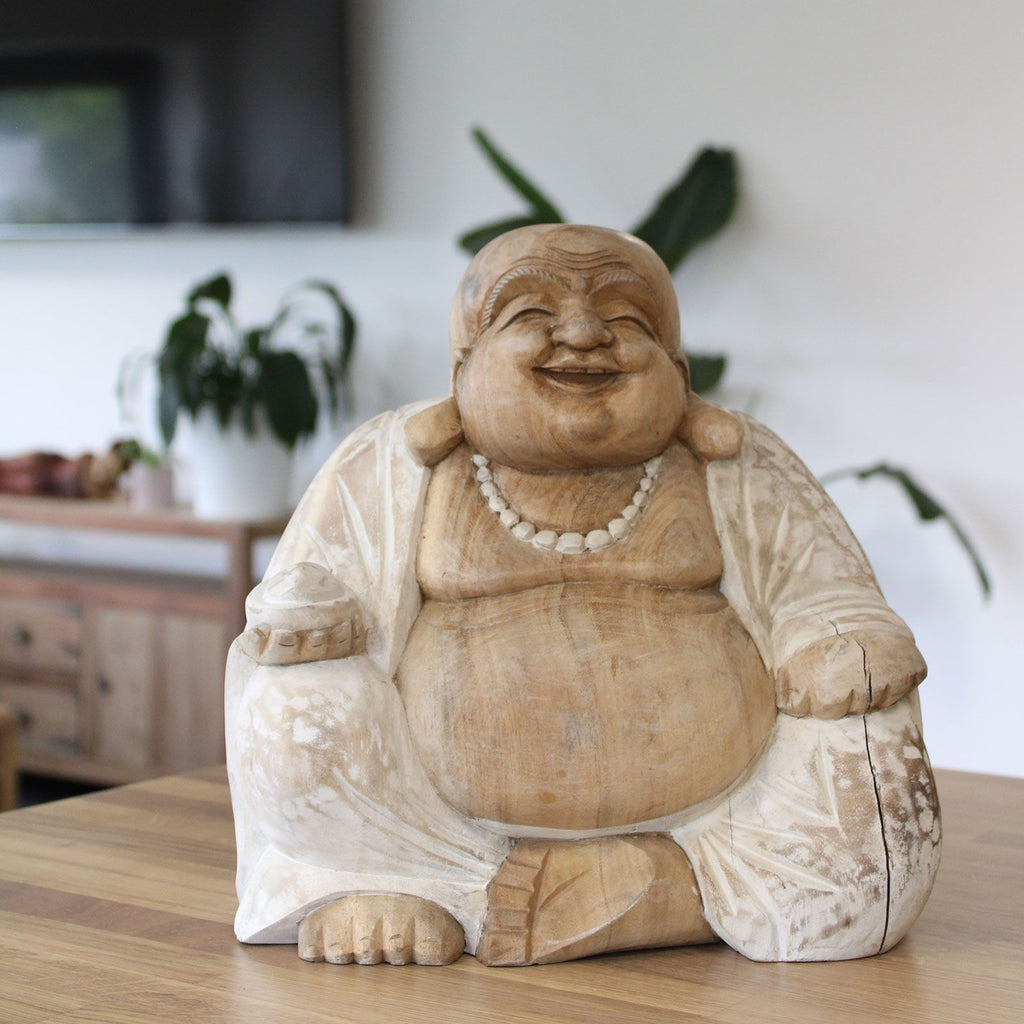 Handgeschnitzte Buddha-Statue – 30 cm – Lachender Buddha, weiß getüncht