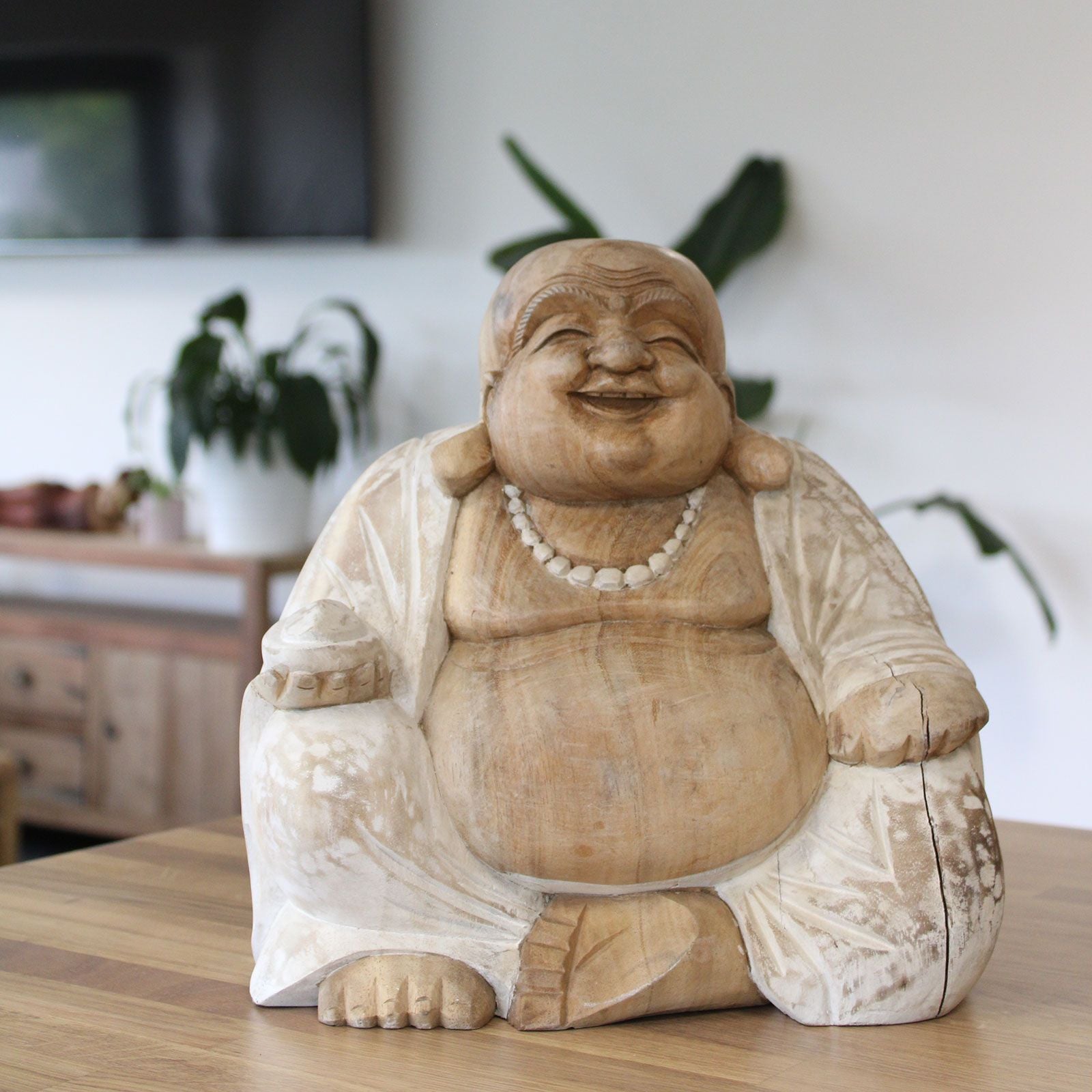 Handgeschnitzte Buddha-Statue – 30 cm – Lachender Buddha, weiß getüncht