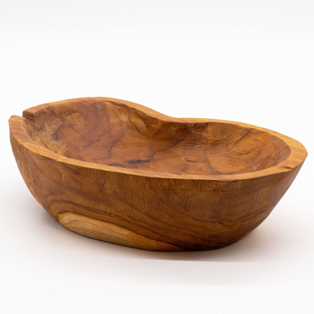 Coupe en bois de teck naturel au format allongé, finition brute artisanale
