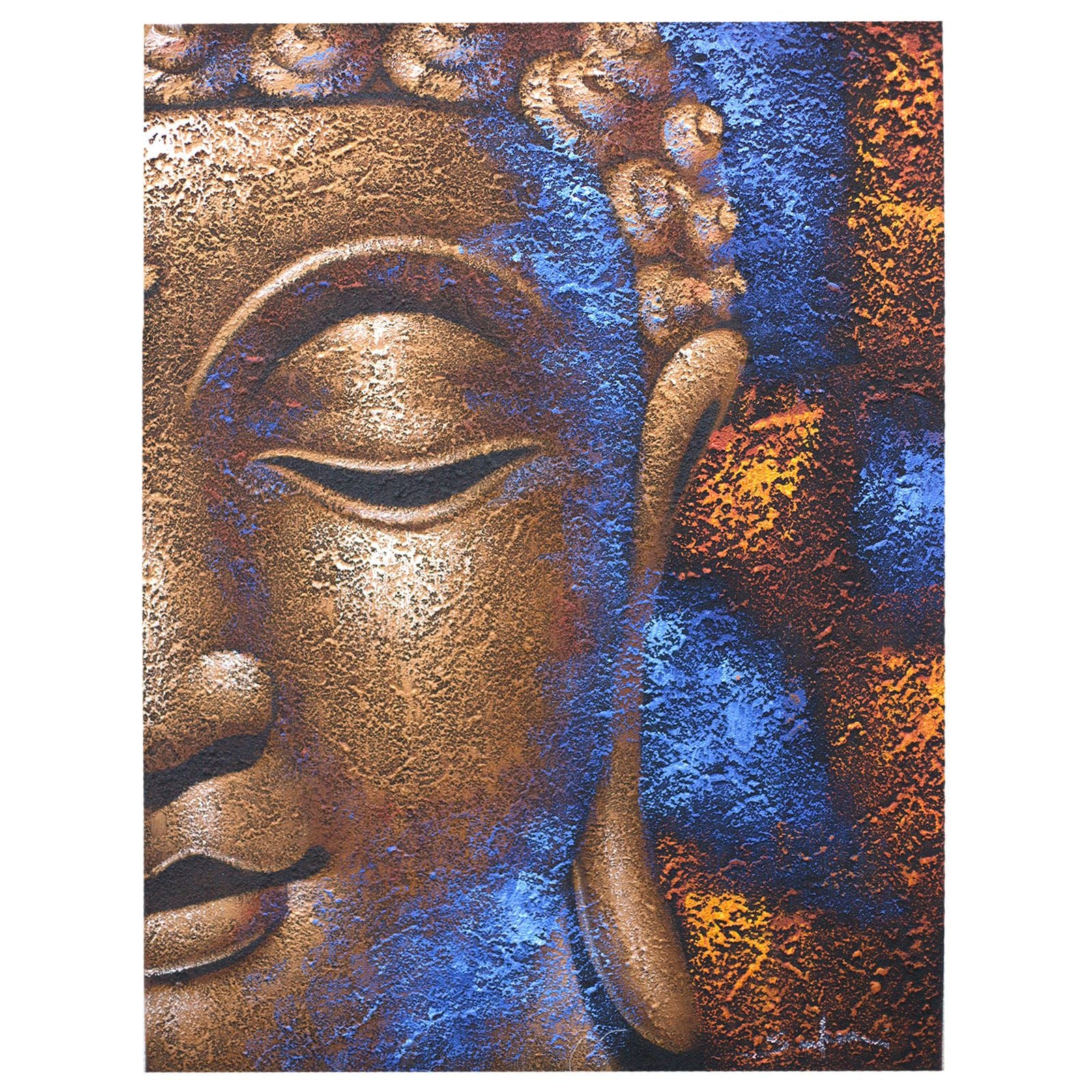 Tableau vertical peint à la main représentant un visage de Bouddha dans des tons cuivre et bleu, format 80 × 60 cm.