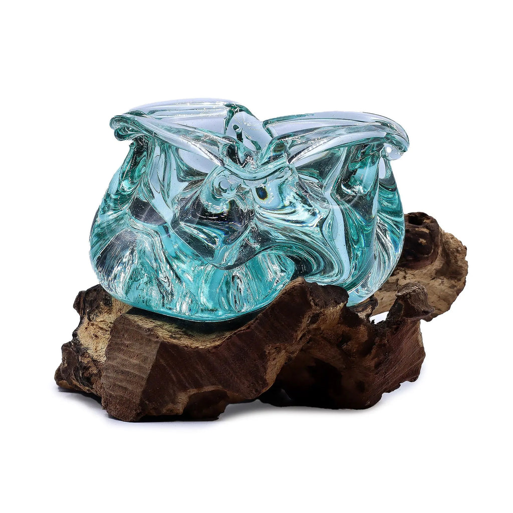 Cendrier et Bougeoir en Verre en Fusion sur Racine de Gamal - Pièce Artisanale Balinaise