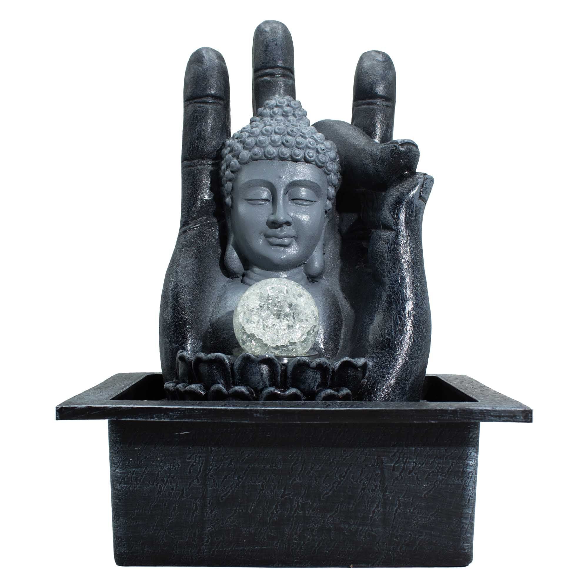 Fontaine à eau de table Bouddha avec boule de cristal lumineuse – main sculptée – 20 × 25 × 35 cm