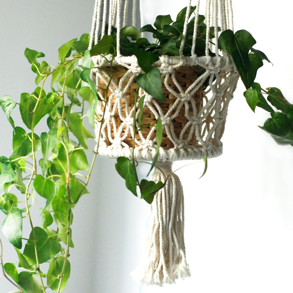 Suspension double pour plantes en macramé – Coton naturel 100 cm