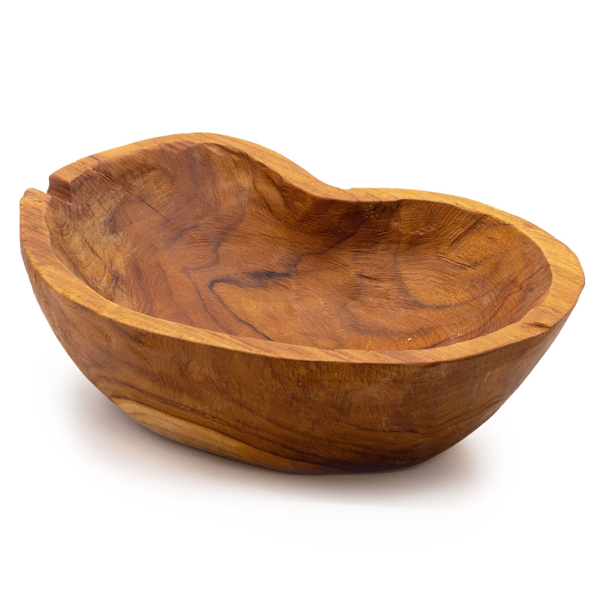Coupe en bois de teck naturel au format allongé, finition brute artisanale
