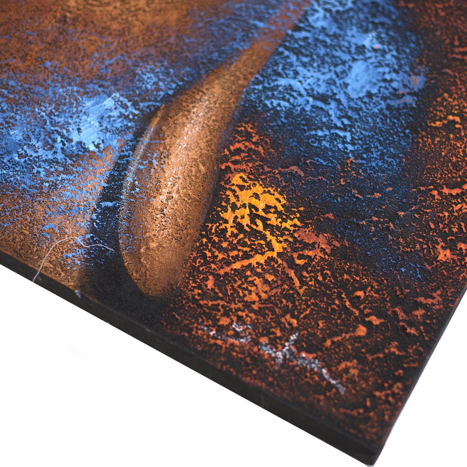 Tableau Bouddha visage cuivre et bleu peint à la main – 80 × 60 cm