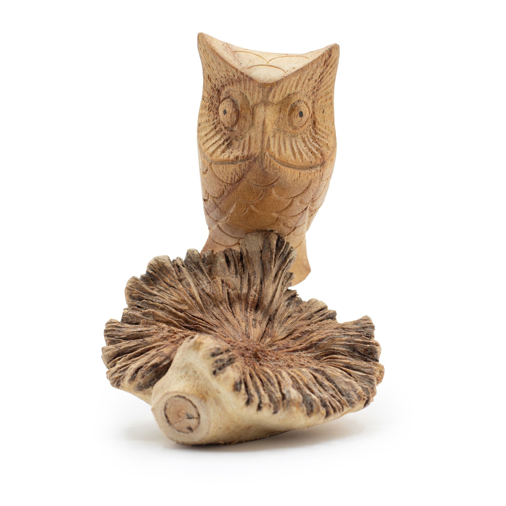 hibou sculpté en bois naturel