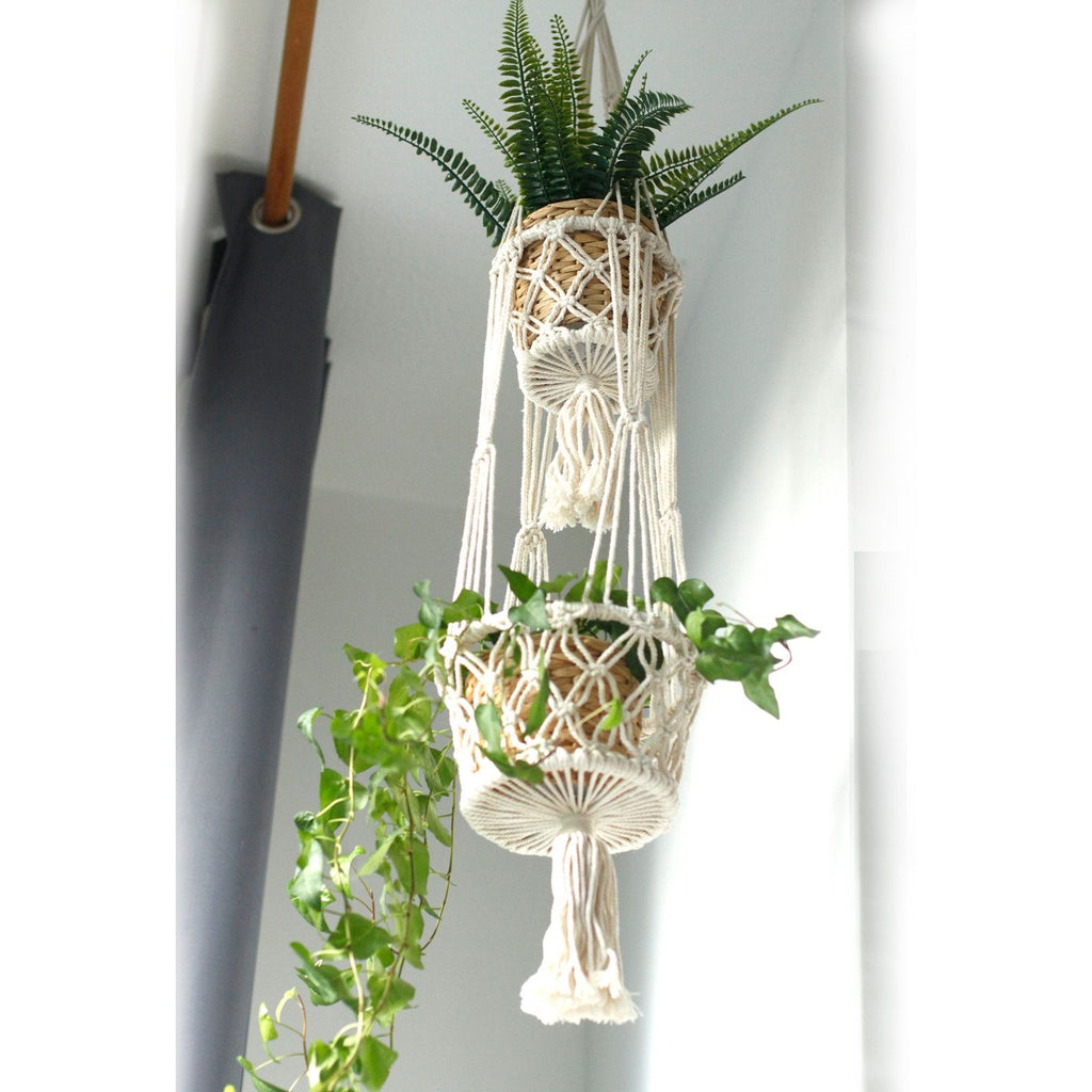 Suspension double pour plantes en macramé – Coton naturel 100 cm
