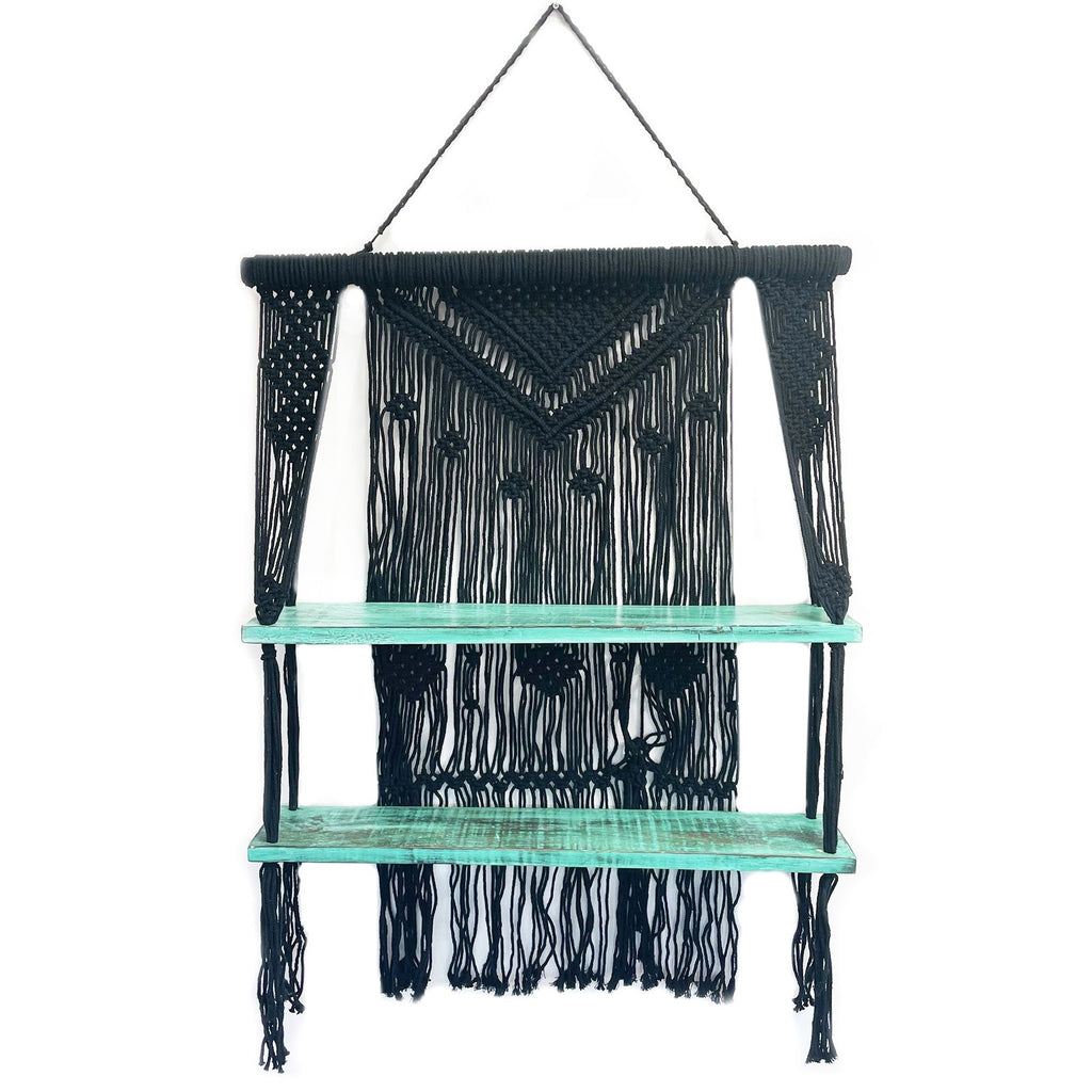 Étagères suspendues en macramé noir et turquoise - Décoration Murale Bohème