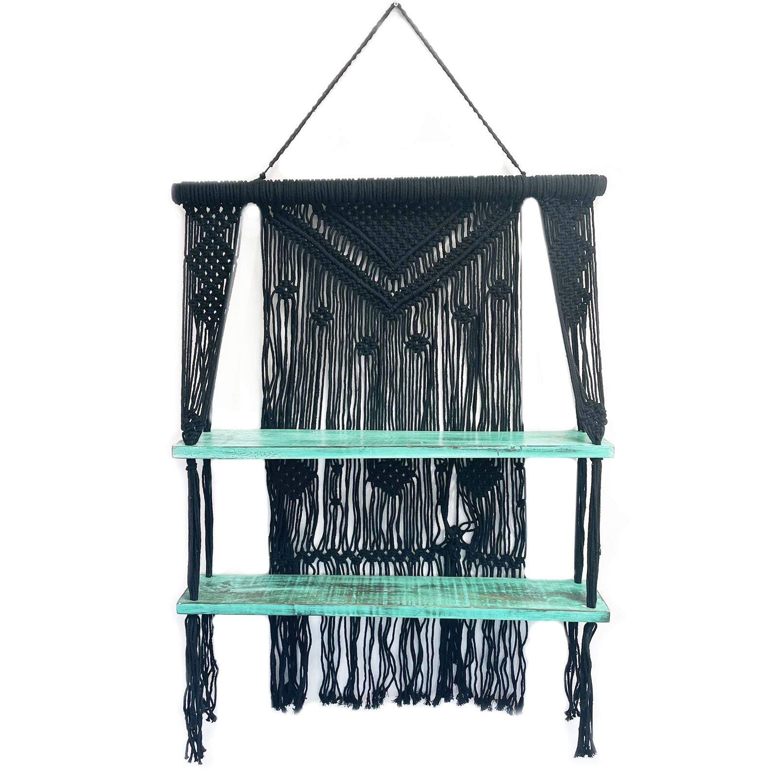 Étagères suspendues en macramé noir et turquoise - Décoration Murale Bohème