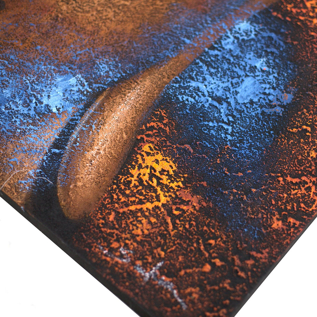 Tableau Bouddha visage cuivre et bleu peint à la main – 80 × 60 cm