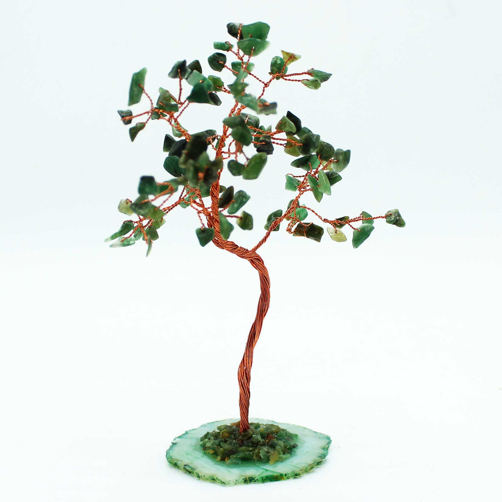 Decorative tree in green aventurine on a natural agate base – 100 stones