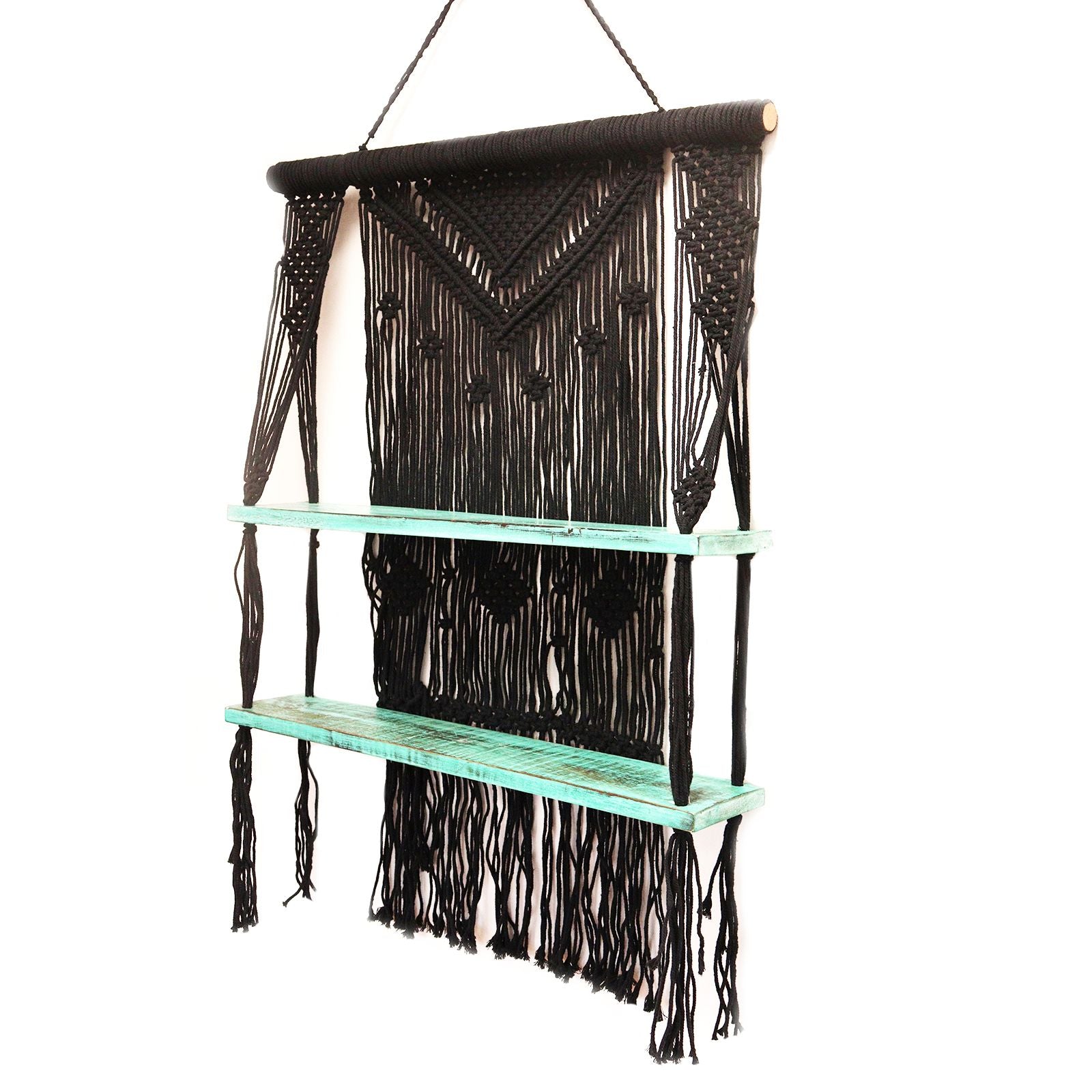 Étagères suspendues en macramé noir et turquoise - Décoration Murale Bohème