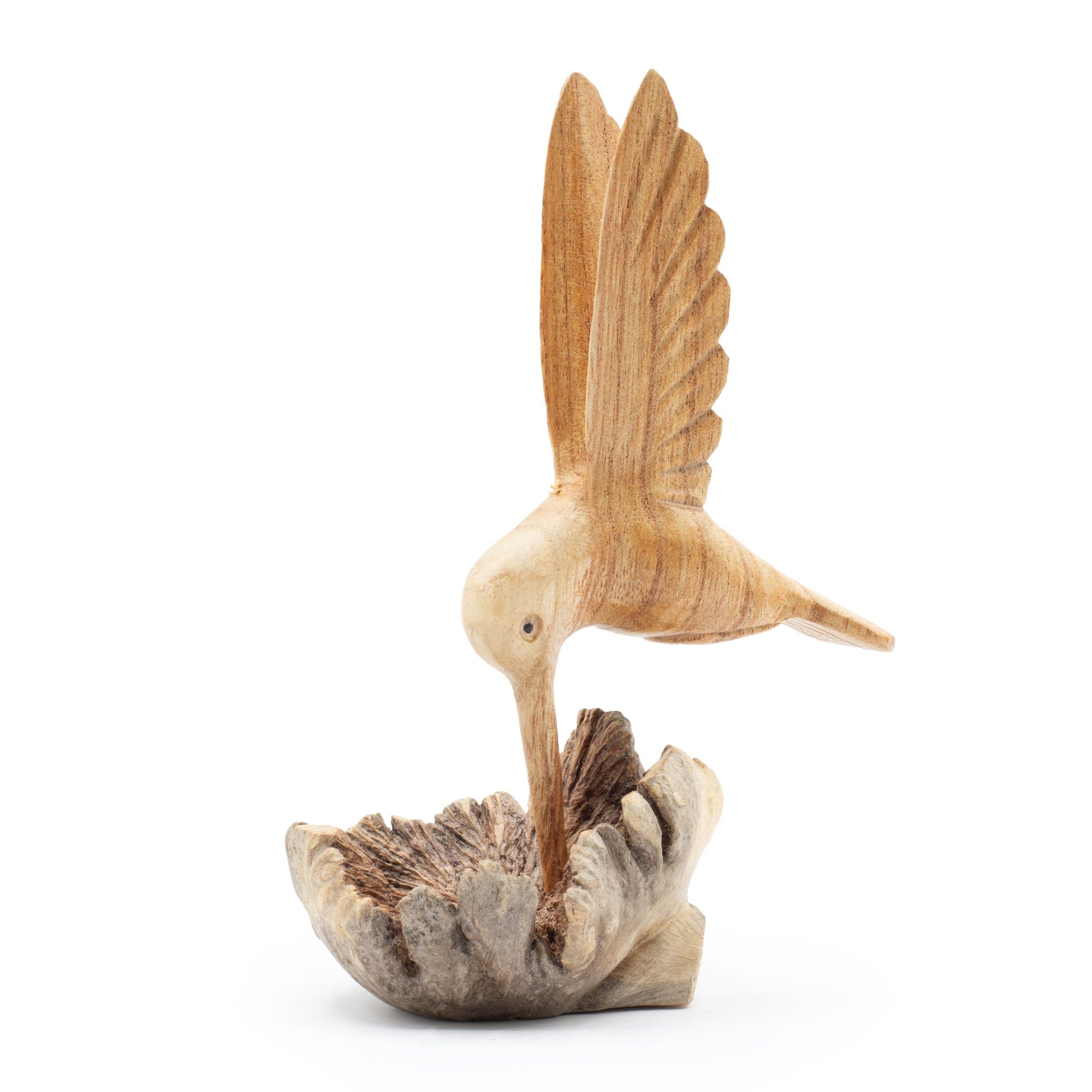 Sculpture artisanale colibri sur socle en bois parasite