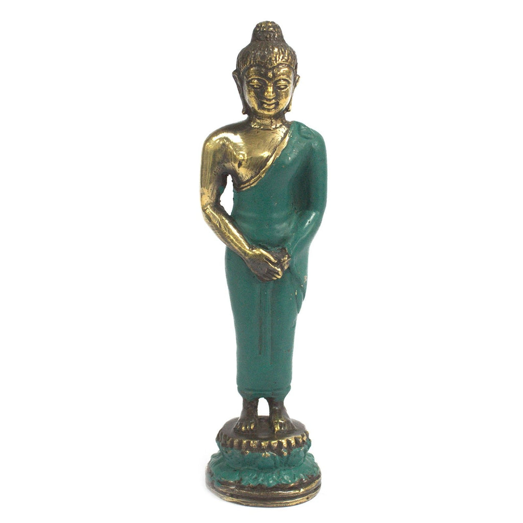 Statue Bouddha debout en laiton vert – 17 cm – Statue bouddhiste